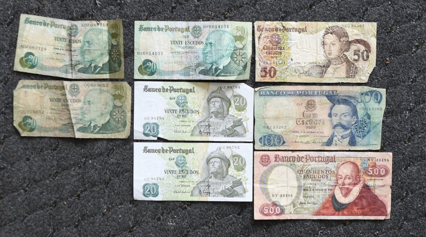 8- Portugal Banknotes 20 50 & 100 Escudos 1971-1980