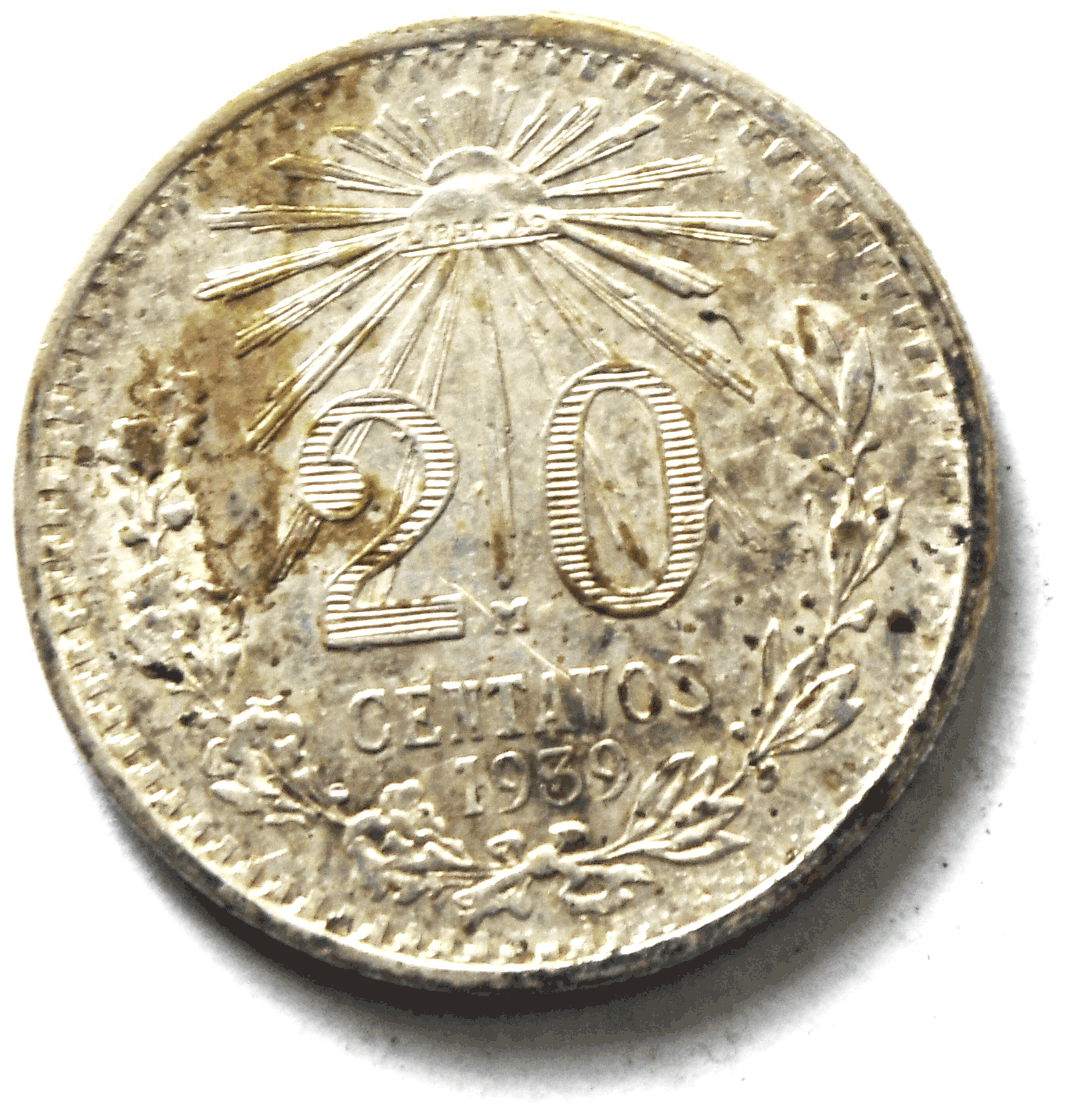 1939 Mexico Estados Unidos Mexicanos 20 Centavo Silver Coin KM# 438