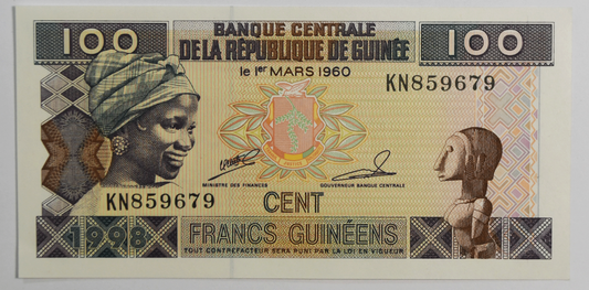 1998 Guinea 100 One Hundred Francs Banknote Uncirculated KN859679