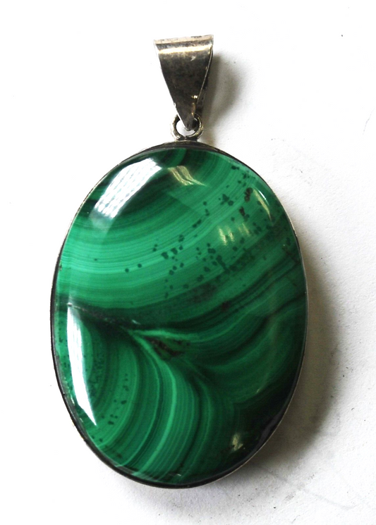Sterling Silver Oval Green Malachite Pendant 41mm x 23mm