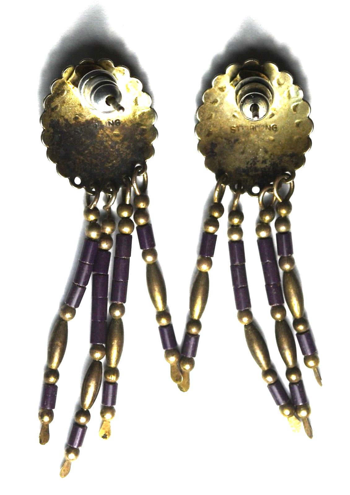 Sterling Silver Concho Purple Bead Dangle Earrings 47mm x 15mm