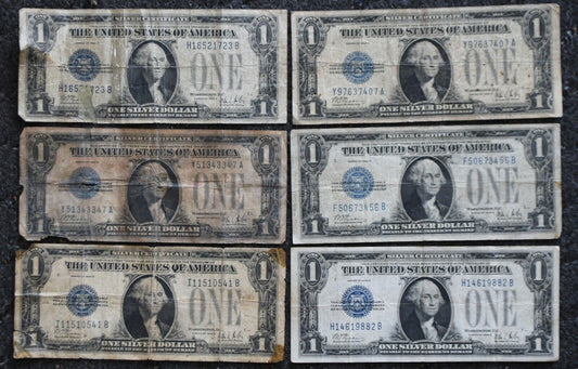 6-  1928 B $1 One Dollar Silver Certificate Blue Seal Notes Funny Backs 1928B