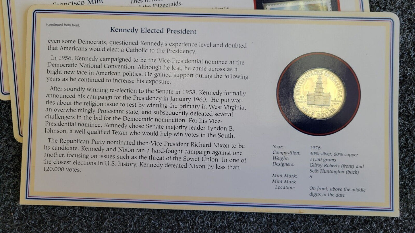 17pc. Set Of Kennedy & Franklin Half Dollar Coin & Stamp Carded Collection