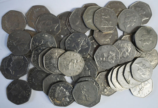58pc Great Britain New 50 & Fifty Pence Coins Lot 1997-2005