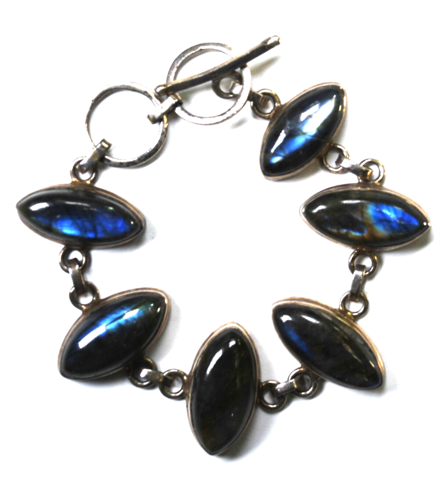 Sterling Silver Ellipse Labradorite Toggle Hammered Bracelet 24mm 7-3/4"