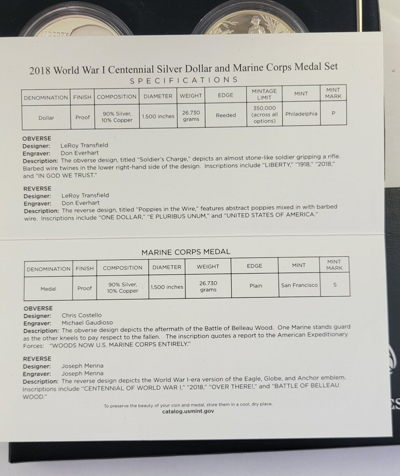 2018 World War I Centennial Silver Dollar and Marine Corps Medal Set w/COA Boxed