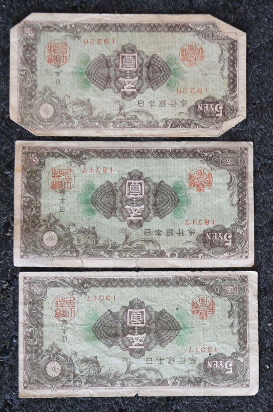 3 1946 Bank of Japan 5 Five Yen Banknotes 13017 18717 19226