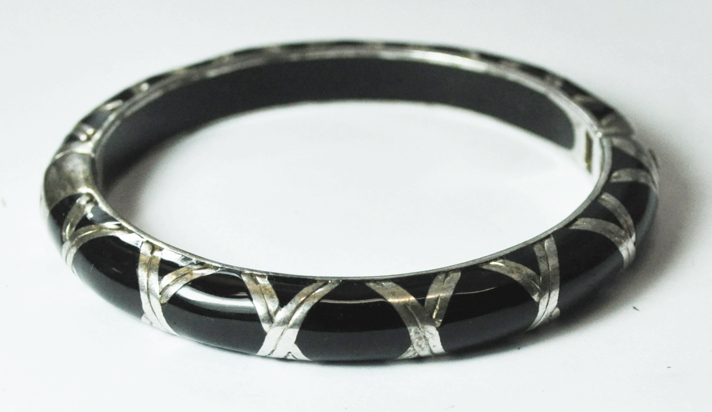Sterling Silver AP 925 Convex Onyx Bar Metal Inlay Small Bangle Bracelet 8mm