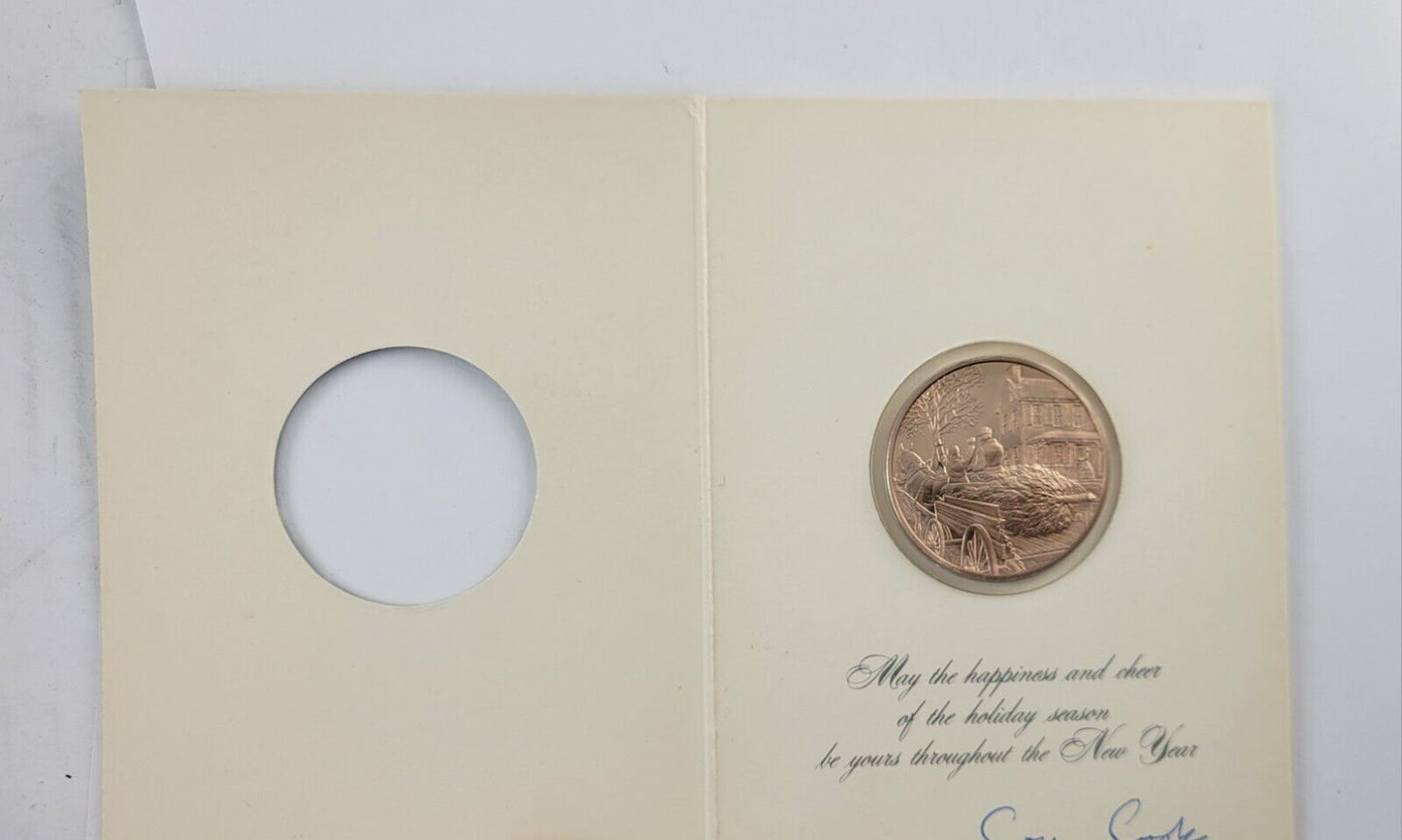 Franklin Mint Bronze Bringing Home The Tree 1980 Christmas Coin w/Holder Card