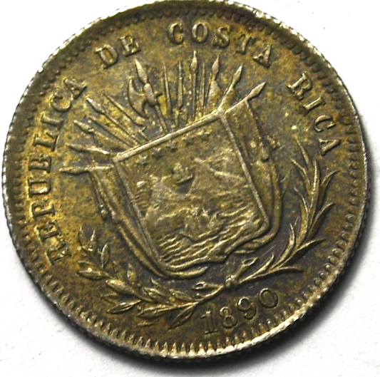 1890 Costa Rica 5 Centavos Silver Coin KM# 128 HEATON