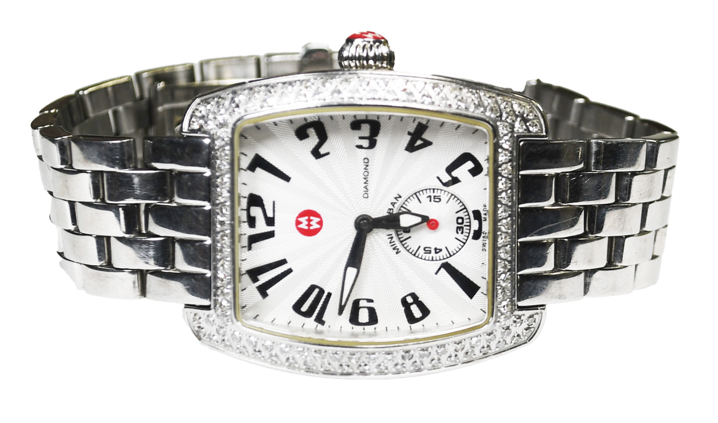 Women's Michele Mini Urban Diamond Bezel Sunburst Silver Dial Watch 29mm