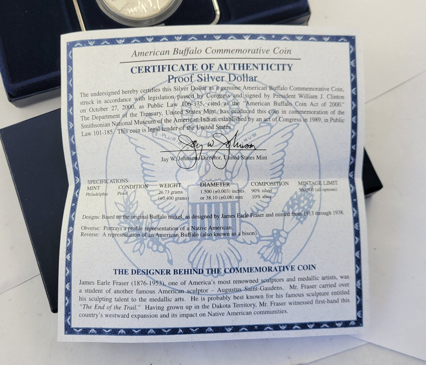 2001 United States Mint Smithsonian Proof American Buffalo Commemorative Coin