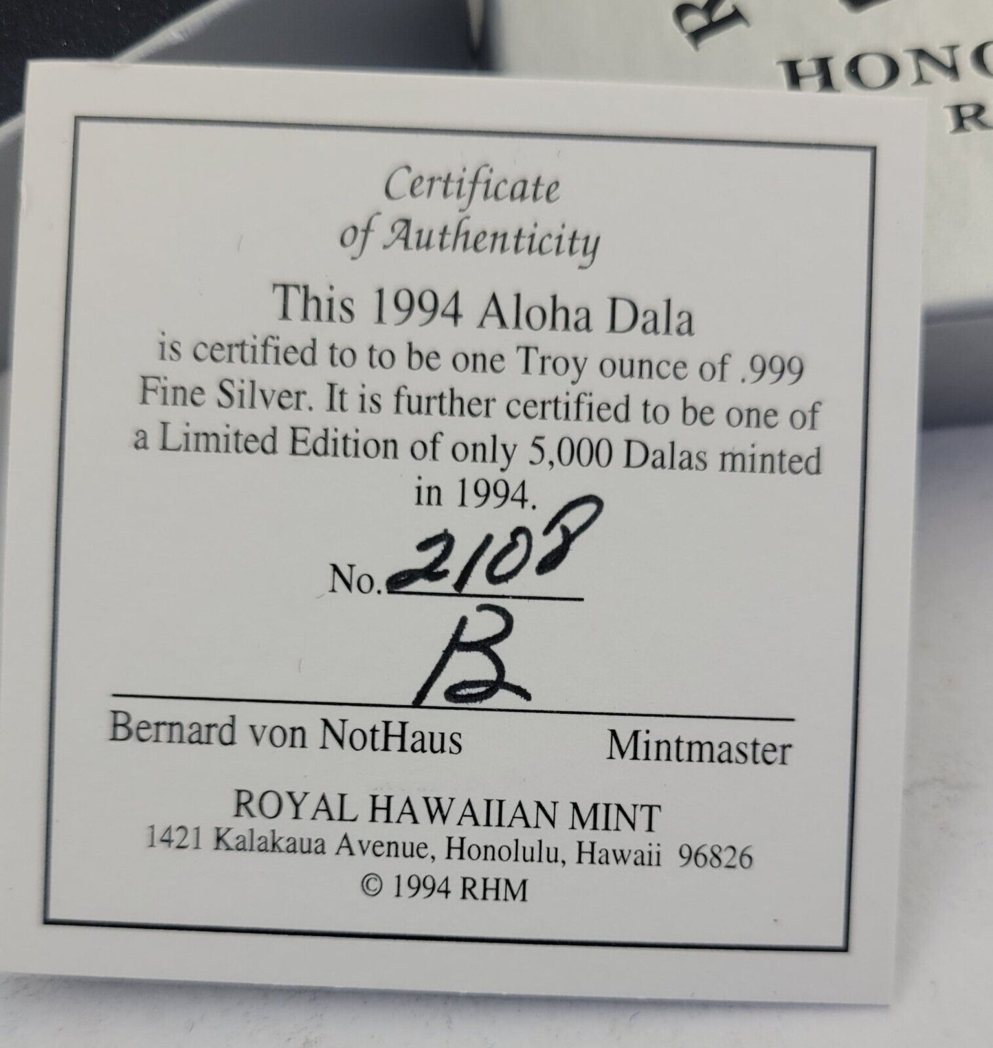 1996 Aloha Dala Queen Liliuokalani RHM Mint 1oz. Fine Silver .999 Boxed w/COA
