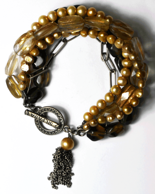 Silpada Sterling Pearl Smoky Quartz Sunstone 5 Strand Toggle 8" Bracelet B1412