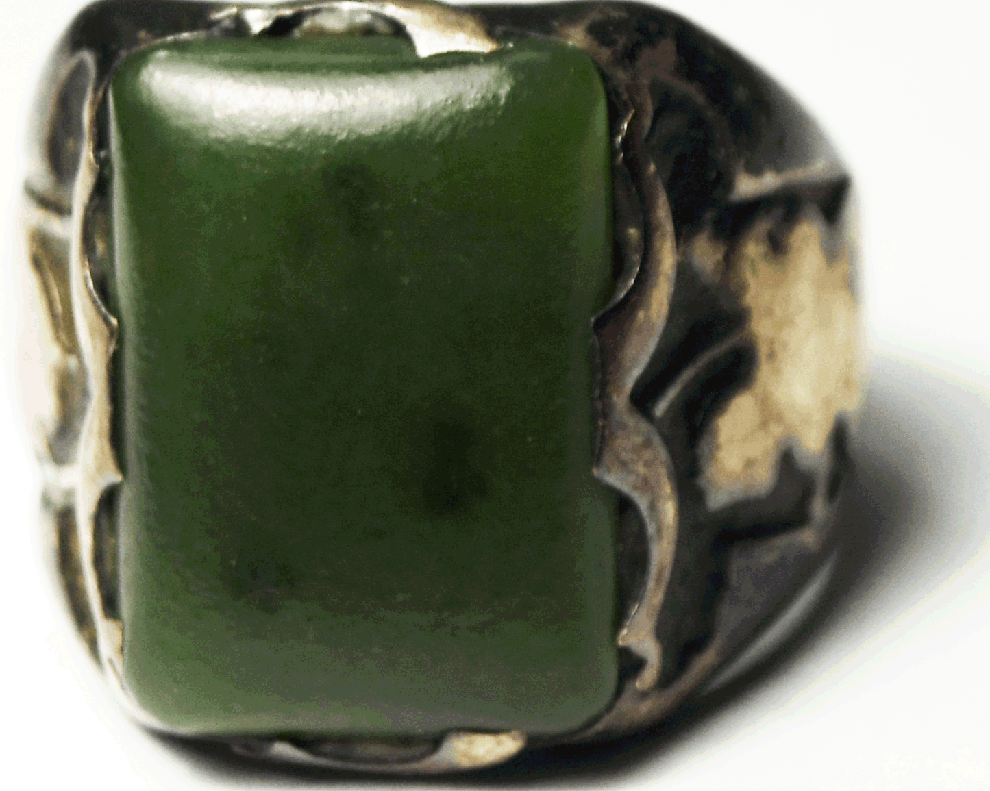 Antique Ostby Barton Silver 2 Tone Biker Rectangle Green Jade Ring 22mm Size 11