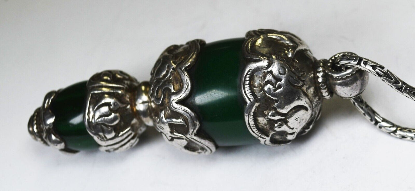 Sterling Green Porcelain Heavy Animal 3.5" x 28mm Pendant 2.5mm 18" Byzantine