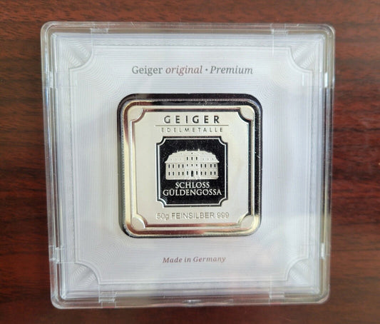 50 gram Silver Bar - Geiger Edelmetalle Original Square Series Germany Encased
