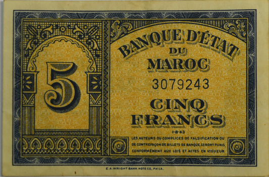 1943 Morocco Banknote Five 5 Francs 3079243