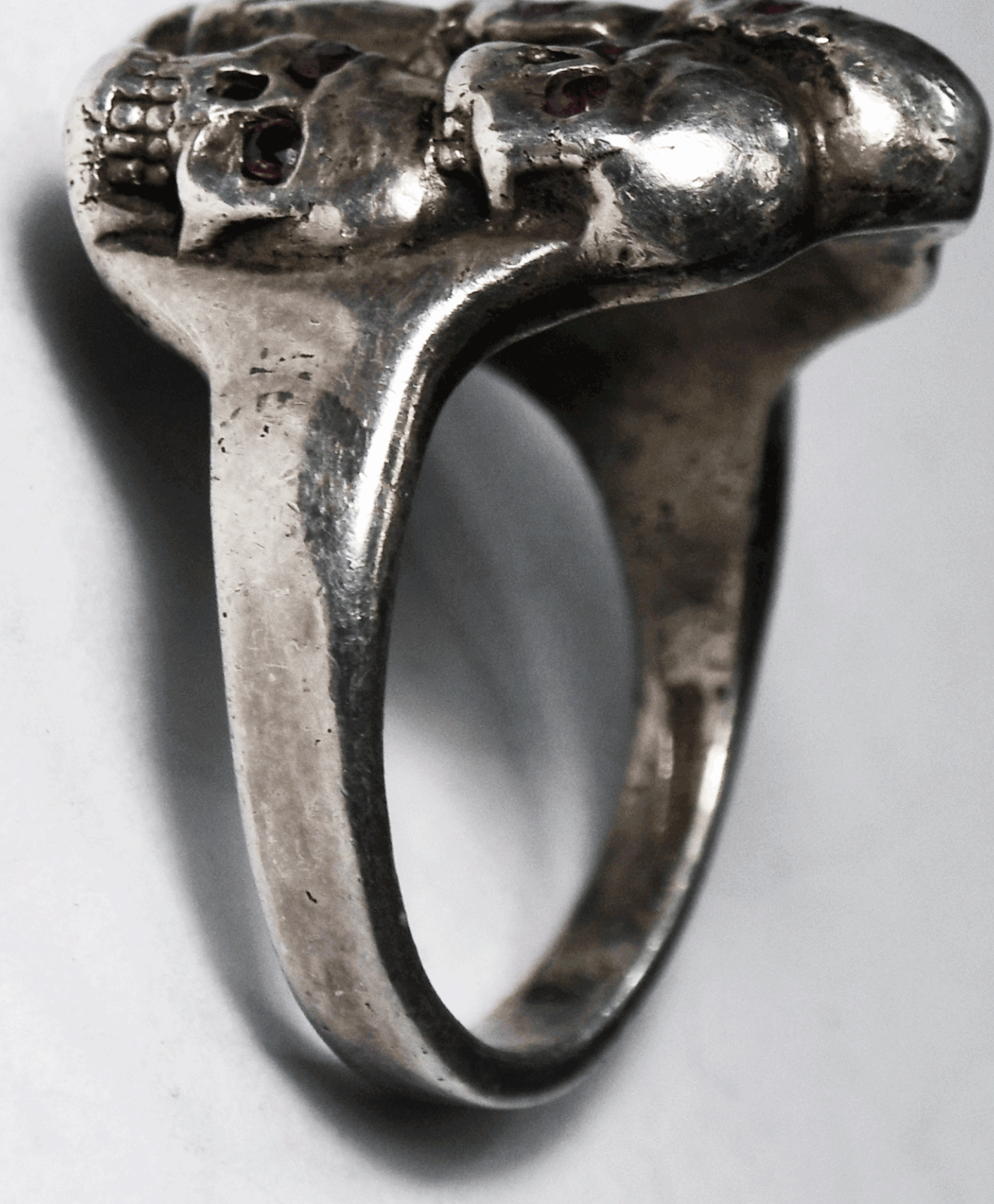 Sterling Silver Stacked Skulls Ruby Eyes Large Biker Ring 27mm Size 14