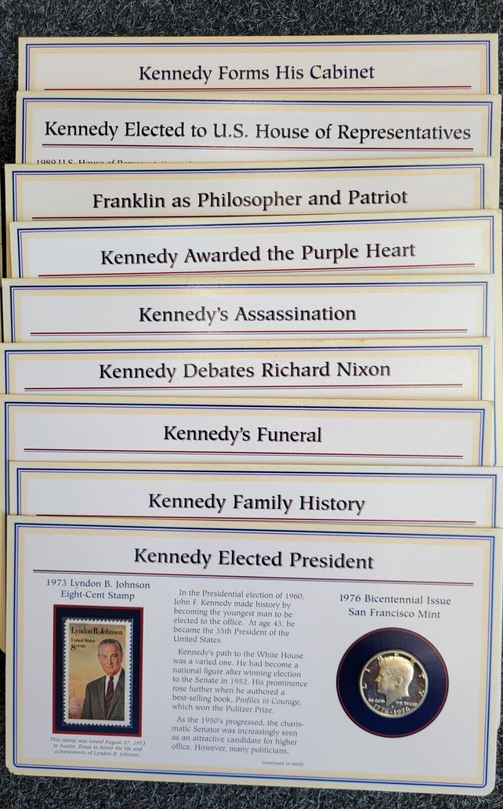 17pc. Set Of Kennedy & Franklin Half Dollar Coin & Stamp Carded Collection