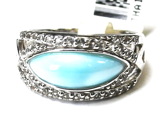 Sterling Silver NOA Larimar CZ Halo Ring 10mm Size 8