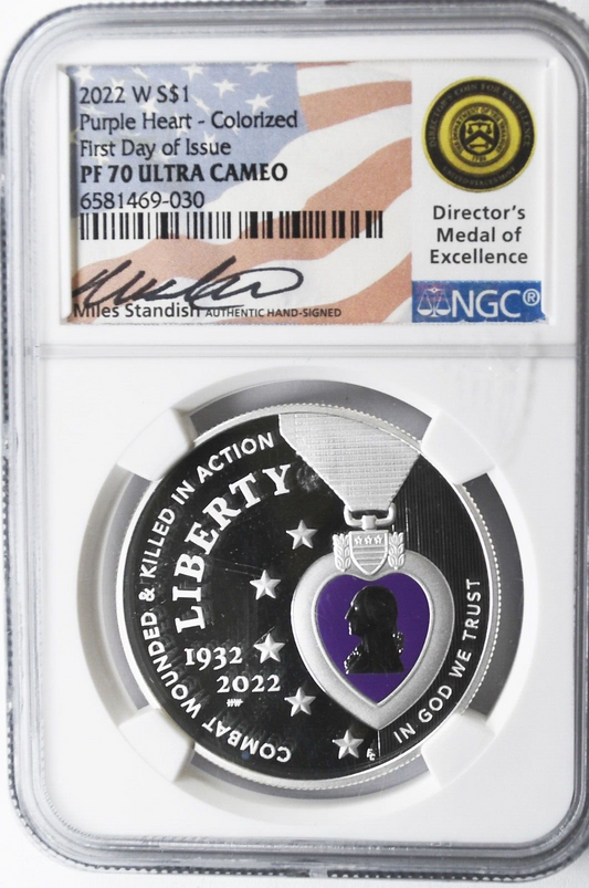 2022 W $1 Purple Heart Miles Standish Silver Colorized NGC PF70 UC FD