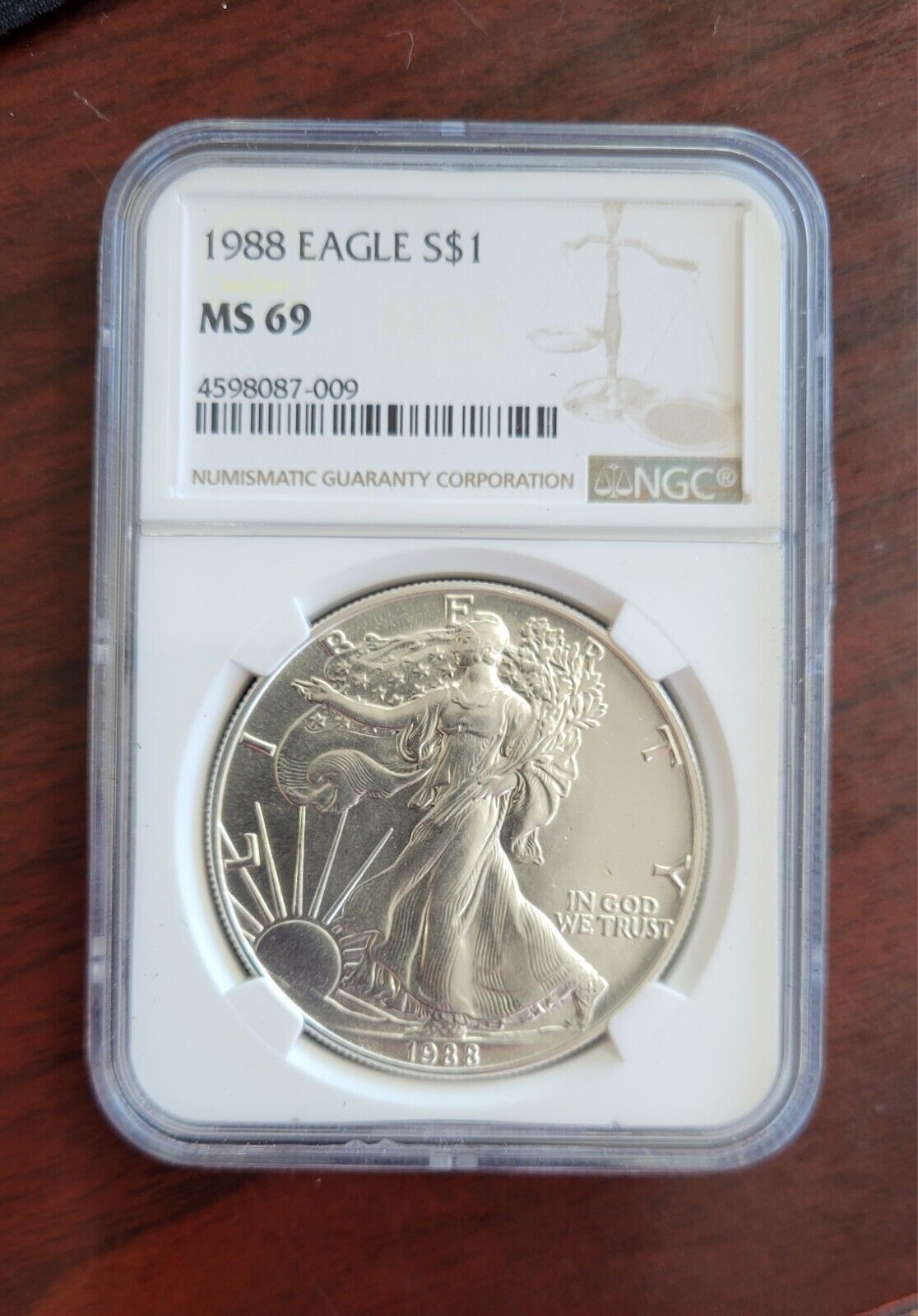1988 $1 Silver Eagle NGC MS69 Dollar Brown Label Holder .999 Fine Silver 1oz.