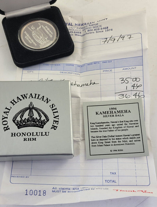 1996 Hawaii King Kamehamha 1 Ounce .999 Fine Silver RHM Dala w/Box & Paperwork