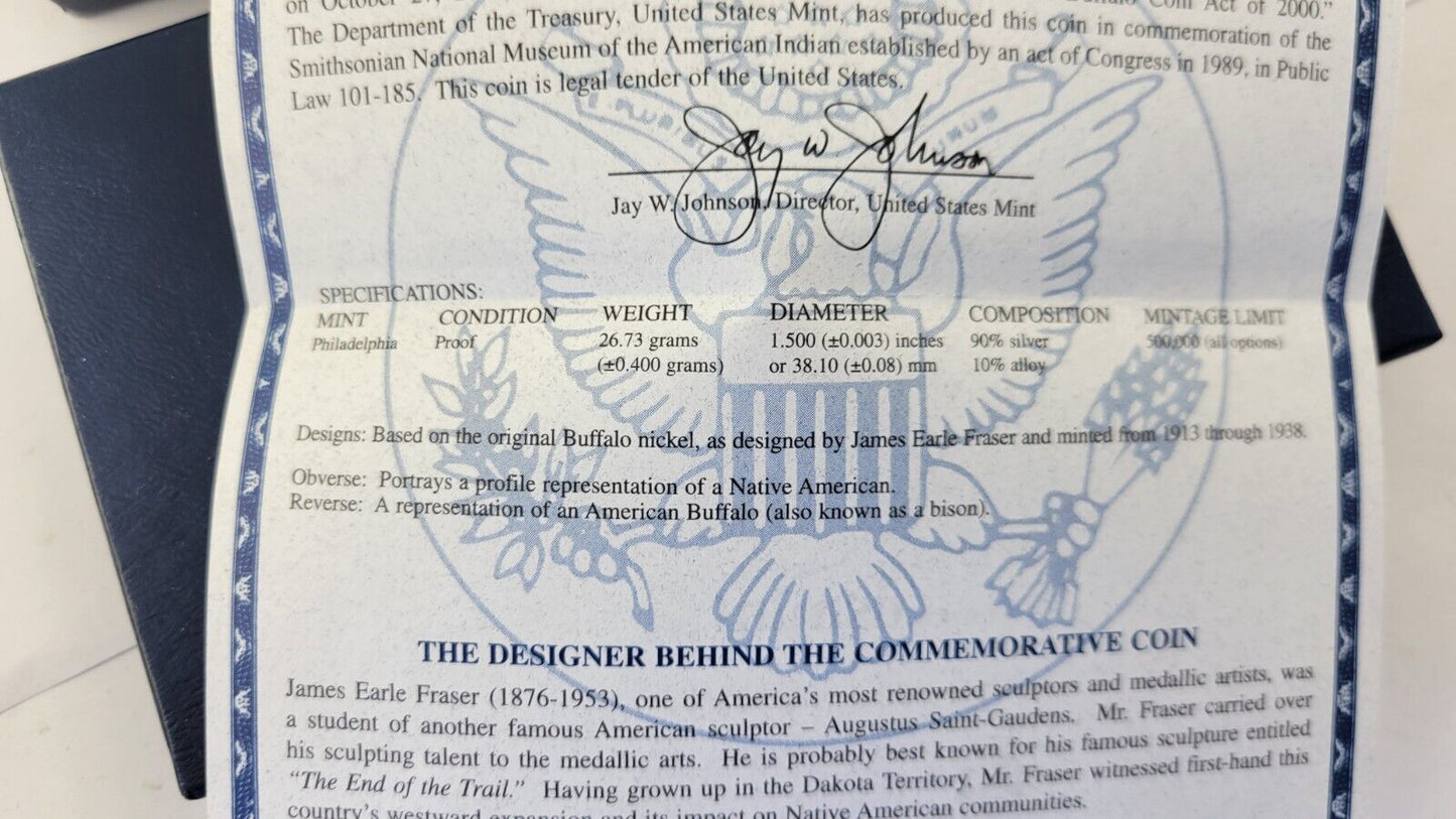 2001 United States Mint Smithsonian Proof American Buffalo Commemorative Coin