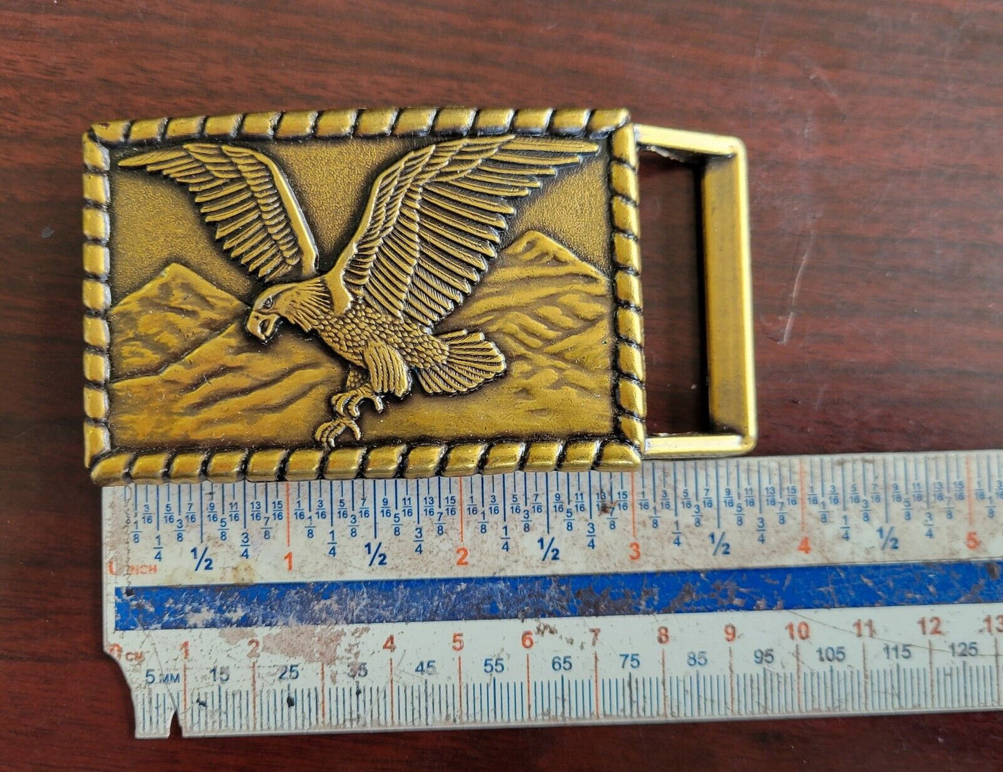 Brass American Eagle Spanned Wings & Mountains Belt Buckle and Key Chain Set