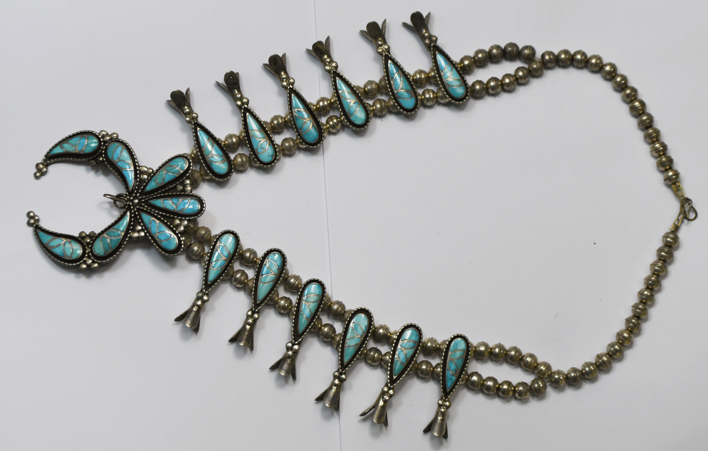Sterling Willis Susie Leekity Turquoise Inlay Squash Blossom  24" Necklace