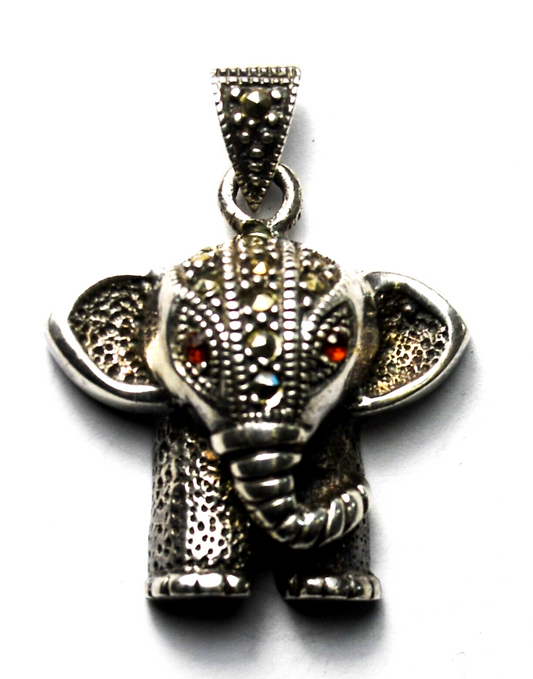 Sterling Silver Elephant Marcasite Ruby Eyes Pendant 31mm x 24mm