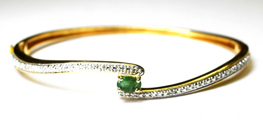Sterling Gold Tone Hinged Emerald Diamond Oval Bangle Bracelet 9mm 6-3/4" Wrist