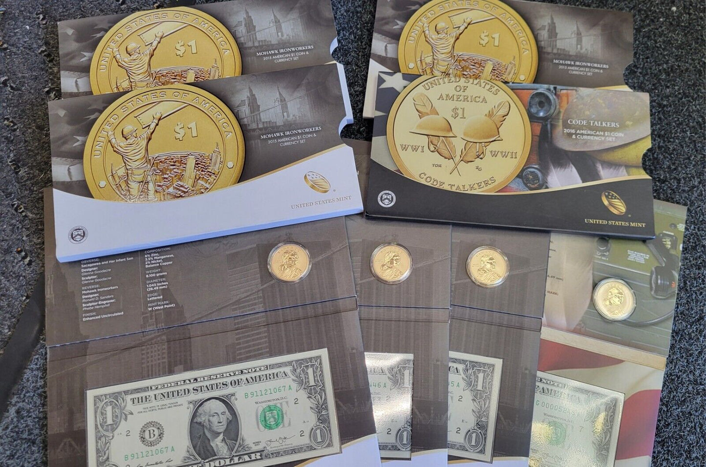 2015 & 2016 Mohawk Ironworkers, Code Talkers American $1 Coin & Currency Sets