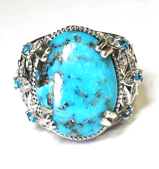 Sterling Silver Blue Turquoise Flower Filigree Ring 21mm Size 7.5