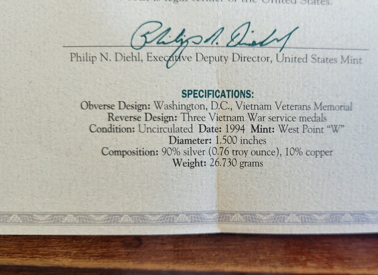 1994 W Vietnam Veterans Memorial Commemorative Silver Dollar Boxed Complete