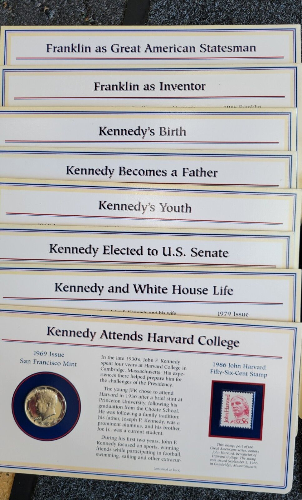 17pc. Set Of Kennedy & Franklin Half Dollar Coin & Stamp Carded Collection