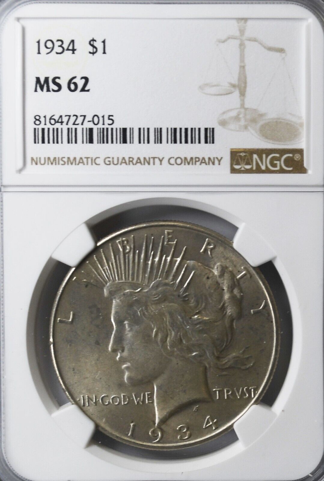 1934 $1 Peace Silver One Dollar US NGC MS62 Philadelphia
