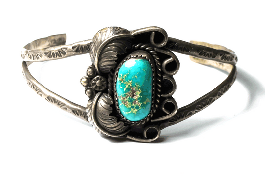 Sterling Silver PW Turquoise Floral Rays Split Cuff 26mm Bracelet 7" Wrist