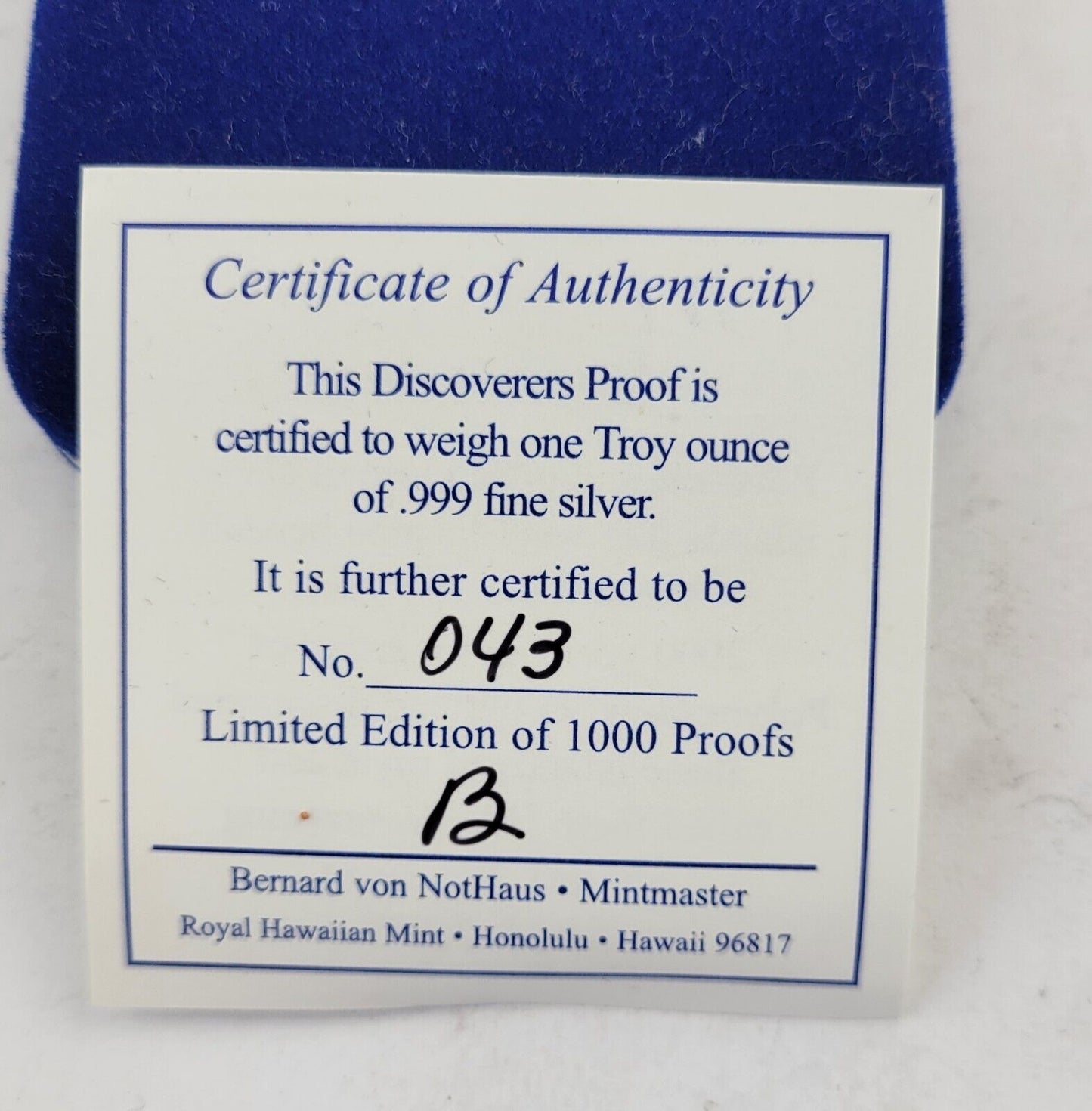 Discovery Of Hawaii Anniversary RHM Mint 1oz. Fine Silver .999 Boxed w/COA