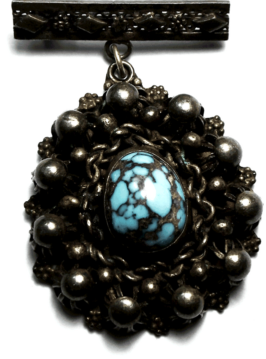 Sterling Silver Spiderweb Turquoise Eggshell 1-3/4" x 30mm Nest Brooch Pin