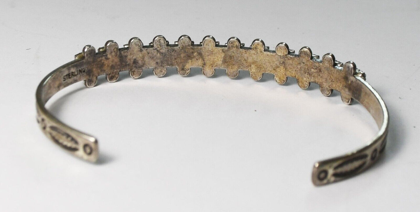 Sterling Antique 12 Green Turquoise Square Row Cuff 9mm Bracelet 7" Wrist