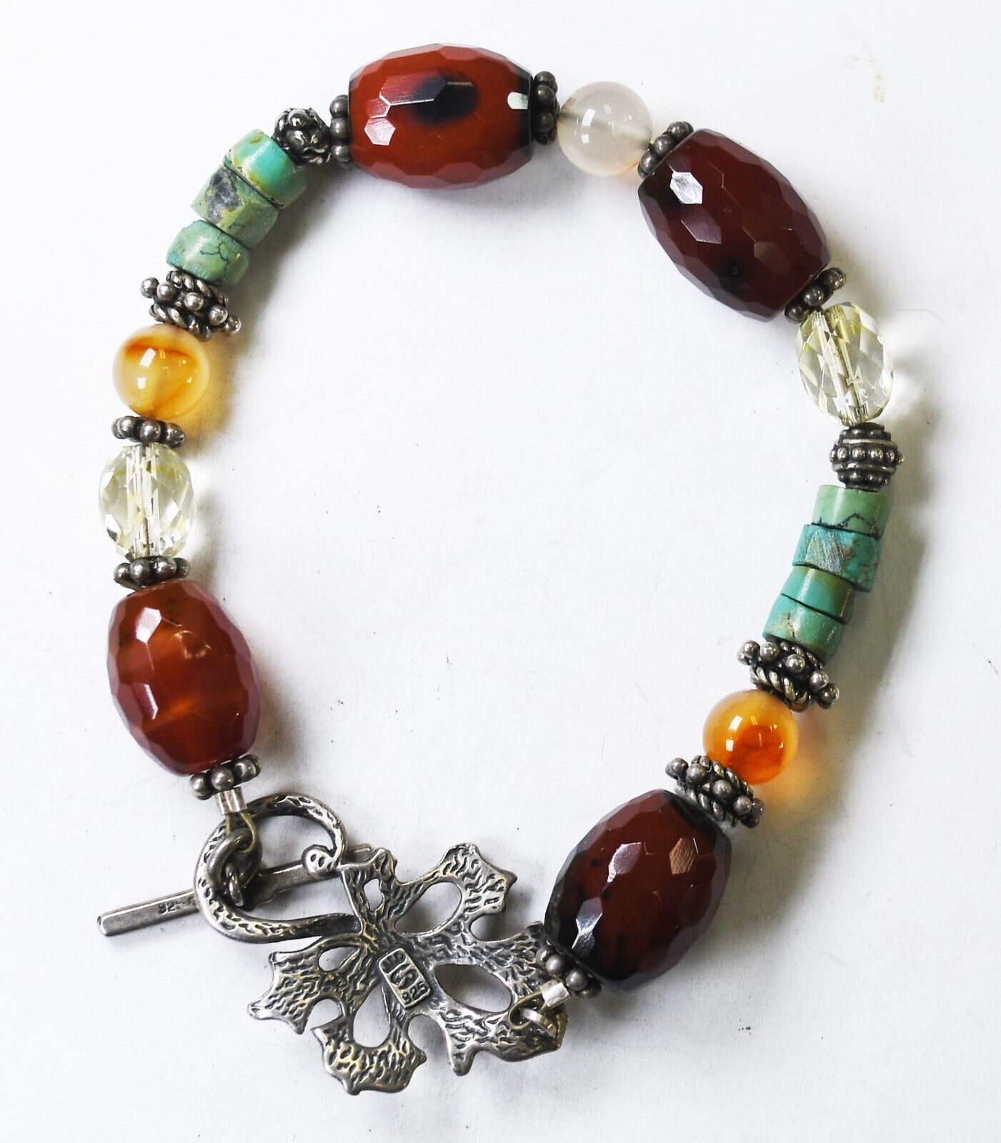 Sterling Silver Leaf Toggle Agate Turquoise Bead Bracelet 12mm 8.5"