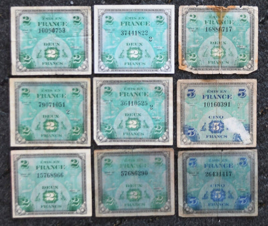 9- France WWII Allied Military Currency Notes 2 & 5 Francs 1944