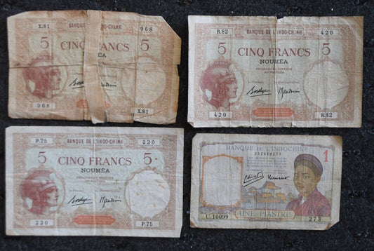 4- New Caledonia Indo China Banknotes 1 Piastre 5 Francs