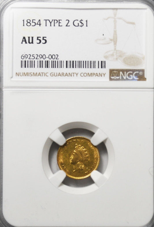 1854 $1 Indian Princess One Dollar Gold Type 2 Philadelphia AU55 NGC