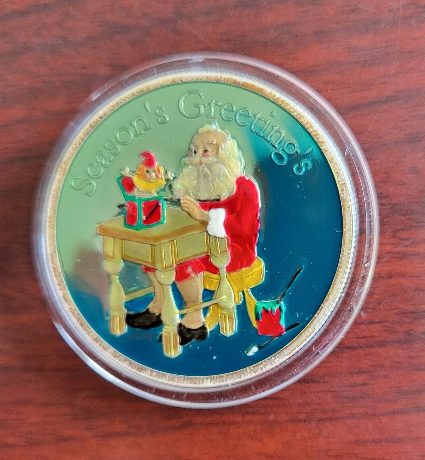Season's Greetings 1oz Fine Silver Round Christmas Colored Enamel Santa Workshop