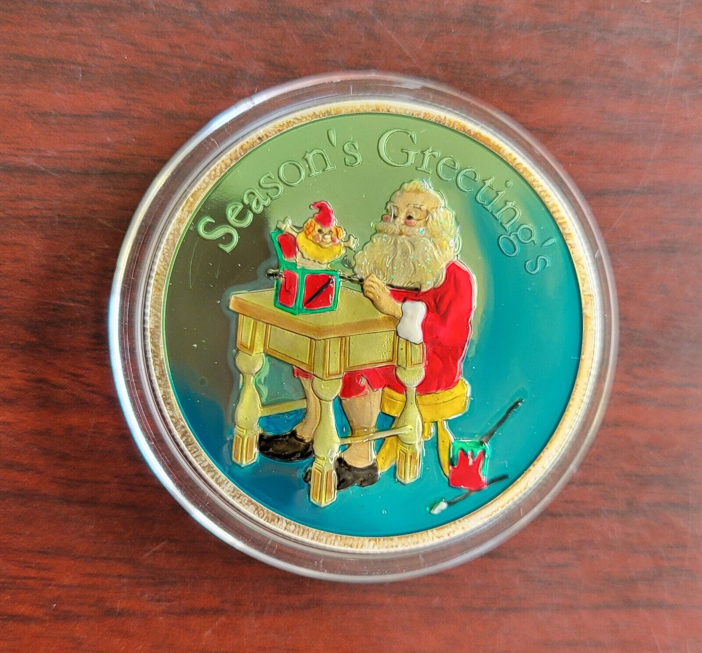 Season's Greetings 1oz Fine Silver Round Christmas Colored Enamel Santa Workshop