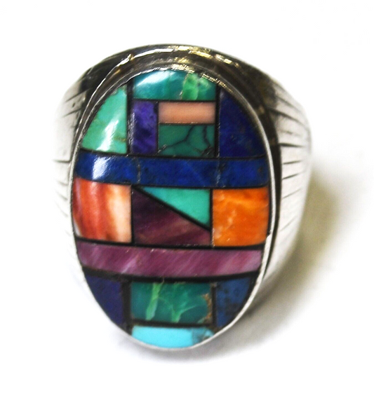 Sterling Silver Frank Yazzie Turquoise Spiny Oyster Inlay Ring 28mm Size 10