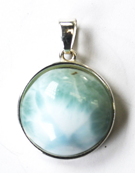 Silver Plated Larimar Round Reversible Prayer Pendant 30mm x 22mm
